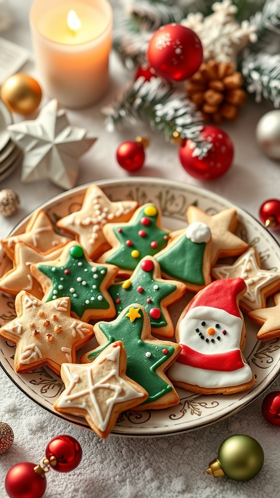 A plate of colorful mini Christmas cookies in festive shapes, decorated with icing and sprinkles.